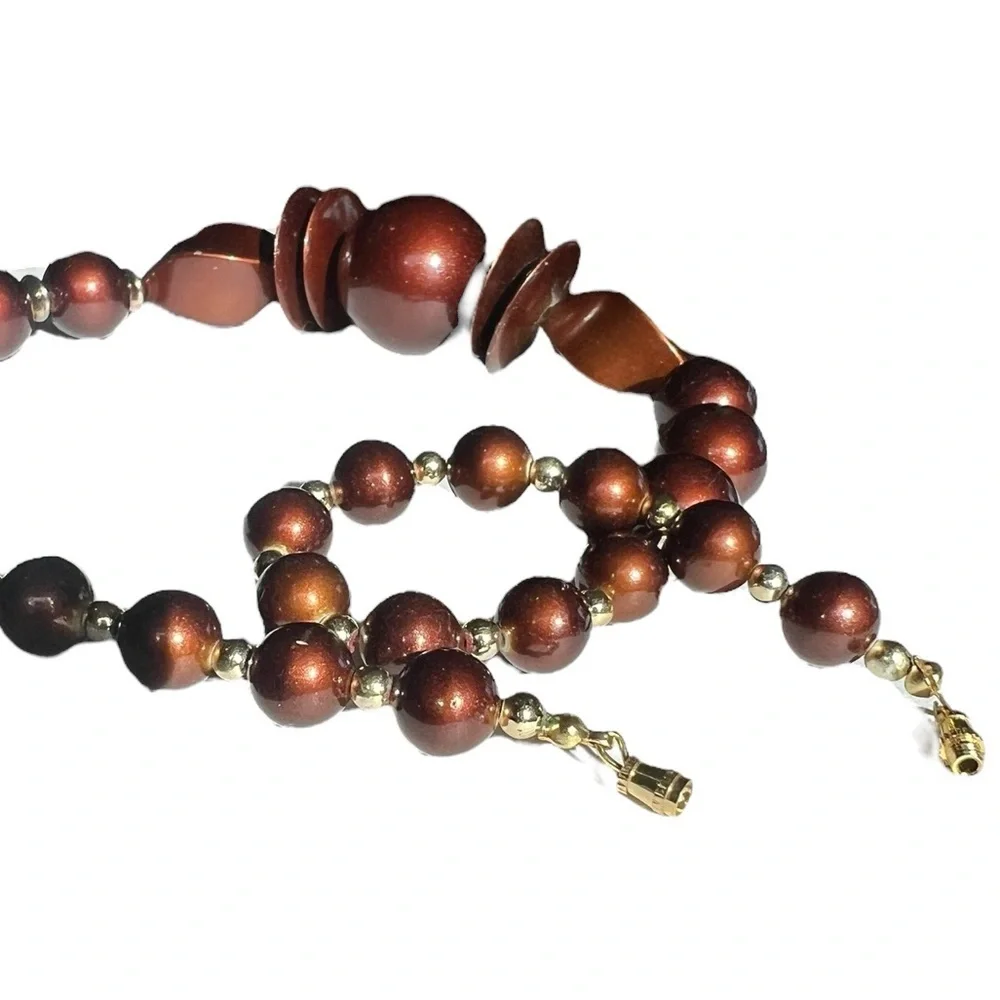 Vintage Brown Copper Chunky Beaded Retro Statement Necklace